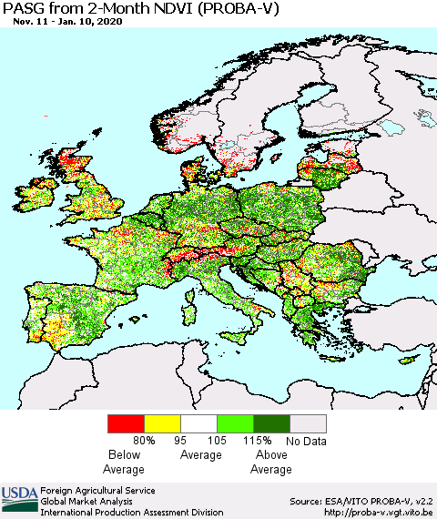 Europe PASG from 2-Month NDVI (PROBA-V) Thematic Map For 1/1/2020 - 1/10/2020