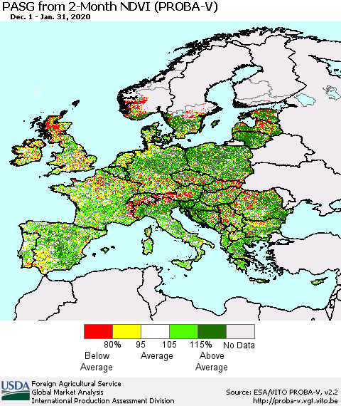 Europe PASG from 2-Month NDVI (PROBA-V) Thematic Map For 1/21/2020 - 1/31/2020