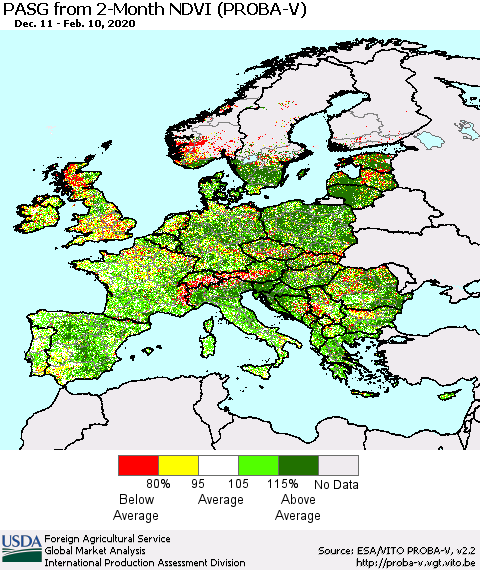 Europe PASG from 2-Month NDVI (PROBA-V) Thematic Map For 2/1/2020 - 2/10/2020