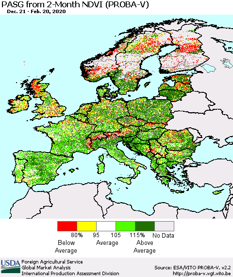 Europe PASG from 2-Month NDVI (PROBA-V) Thematic Map For 2/11/2020 - 2/20/2020