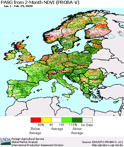 Europe PASG from 2-Month NDVI (PROBA-V) Thematic Map For 2/21/2020 - 2/29/2020