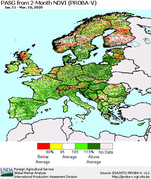 Europe PASG from 2-Month NDVI (PROBA-V) Thematic Map For 3/1/2020 - 3/10/2020