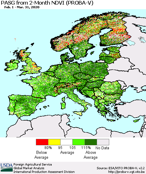 Europe PASG from 2-Month NDVI (PROBA-V) Thematic Map For 3/21/2020 - 3/31/2020