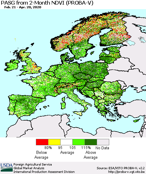 Europe PASG from 2-Month NDVI (PROBA-V) Thematic Map For 4/11/2020 - 4/20/2020