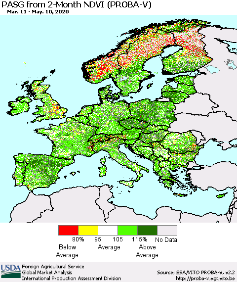 Europe PASG from 2-Month NDVI (PROBA-V) Thematic Map For 5/1/2020 - 5/10/2020