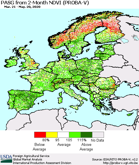 Europe PASG from 2-Month NDVI (PROBA-V) Thematic Map For 5/11/2020 - 5/20/2020