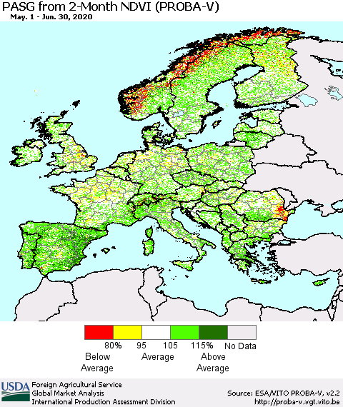 Europe PASG from 2-Month NDVI (PROBA-V) Thematic Map For 6/21/2020 - 6/30/2020