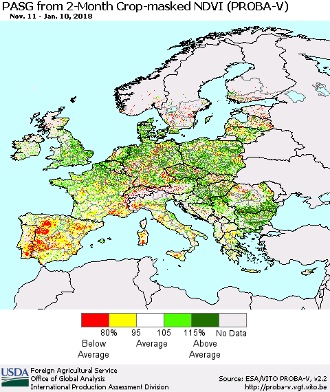 Europe PASG from 2-Month Crop-masked NDVI (PROBA-V) Thematic Map For 1/1/2018 - 1/10/2018