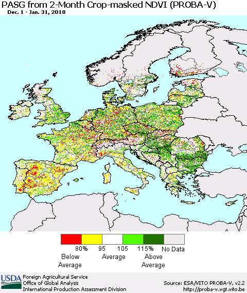 Europe PASG from 2-Month Crop-masked NDVI (PROBA-V) Thematic Map For 1/21/2018 - 1/31/2018