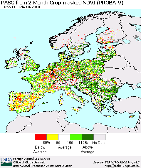 Europe PASG from 2-Month Crop-masked NDVI (PROBA-V) Thematic Map For 2/1/2018 - 2/10/2018