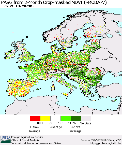 Europe PASG from 2-Month Crop-masked NDVI (PROBA-V) Thematic Map For 2/11/2018 - 2/20/2018
