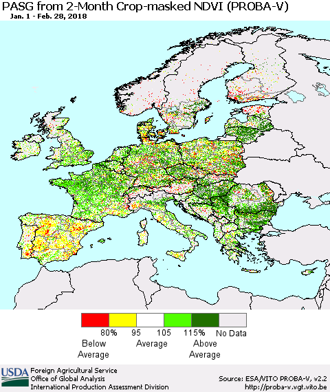 Europe PASG from 2-Month Crop-masked NDVI (PROBA-V) Thematic Map For 2/21/2018 - 2/28/2018