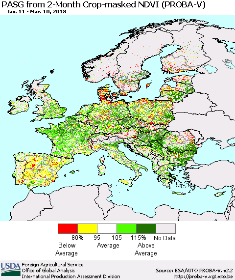 Europe PASG from 2-Month Crop-masked NDVI (PROBA-V) Thematic Map For 3/1/2018 - 3/10/2018