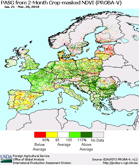 Europe PASG from 2-Month Crop-masked NDVI (PROBA-V) Thematic Map For 3/11/2018 - 3/20/2018