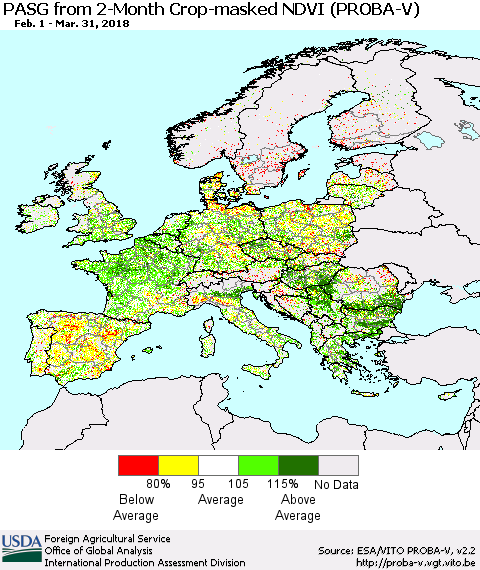 Europe PASG from 2-Month Crop-masked NDVI (PROBA-V) Thematic Map For 3/21/2018 - 3/31/2018