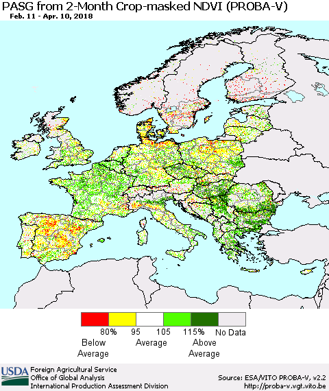 Europe PASG from 2-Month Crop-masked NDVI (PROBA-V) Thematic Map For 4/1/2018 - 4/10/2018
