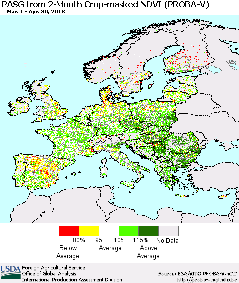 Europe PASG from 2-Month Crop-masked NDVI (PROBA-V) Thematic Map For 4/21/2018 - 4/30/2018