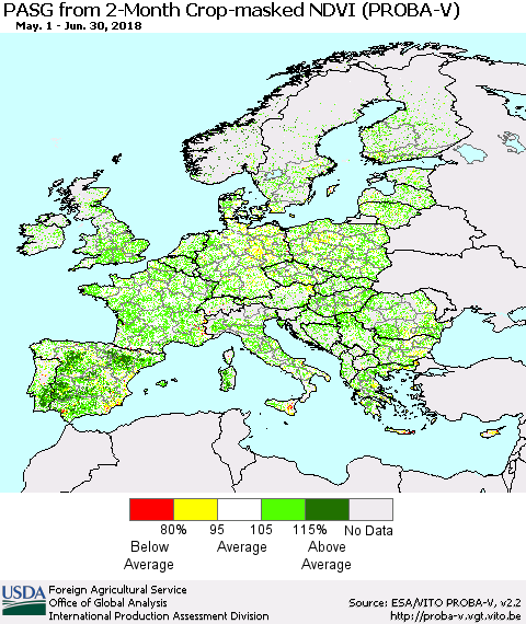 Europe PASG from 2-Month Crop-masked NDVI (PROBA-V) Thematic Map For 6/21/2018 - 6/30/2018
