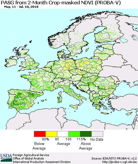 Europe PASG from 2-Month Crop-masked NDVI (PROBA-V) Thematic Map For 7/1/2018 - 7/10/2018
