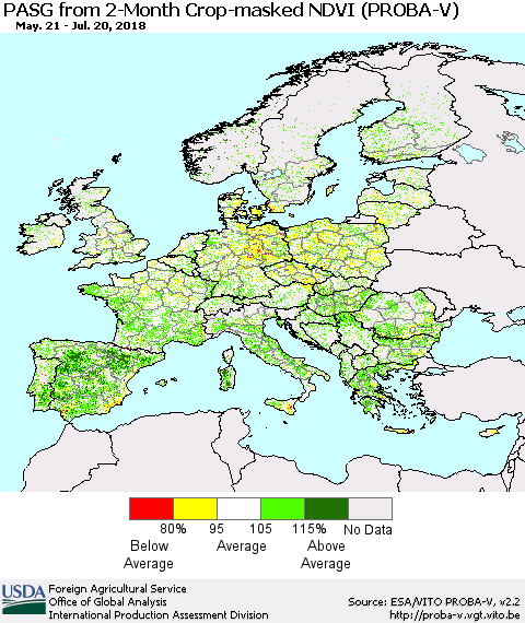 Europe PASG from 2-Month Crop-masked NDVI (PROBA-V) Thematic Map For 7/11/2018 - 7/20/2018