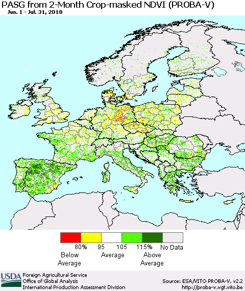 Europe PASG from 2-Month Crop-masked NDVI (PROBA-V) Thematic Map For 7/21/2018 - 7/31/2018