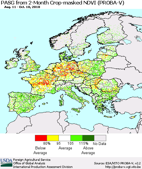 Europe PASG from 2-Month Crop-masked NDVI (PROBA-V) Thematic Map For 10/1/2018 - 10/10/2018