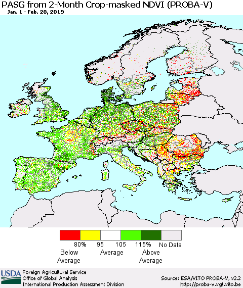 Europe PASG from 2-Month Crop-masked NDVI (PROBA-V) Thematic Map For 2/21/2019 - 2/28/2019