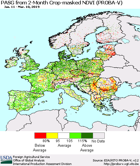 Europe PASG from 2-Month Crop-masked NDVI (PROBA-V) Thematic Map For 3/1/2019 - 3/10/2019
