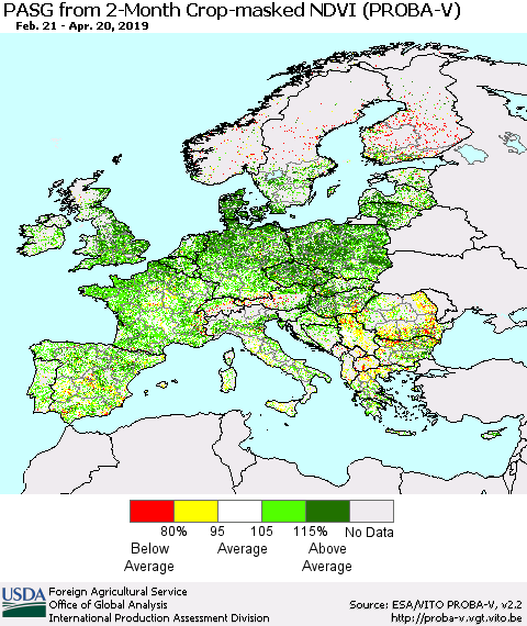 Europe PASG from 2-Month Crop-masked NDVI (PROBA-V) Thematic Map For 4/11/2019 - 4/20/2019
