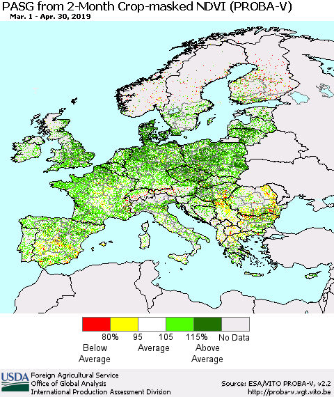 Europe PASG from 2-Month Crop-masked NDVI (PROBA-V) Thematic Map For 4/21/2019 - 4/30/2019