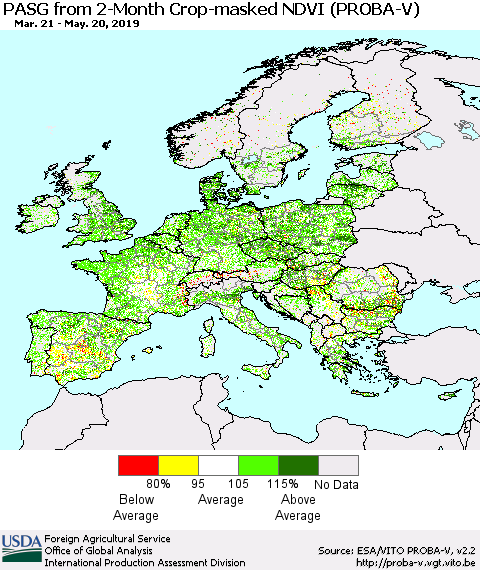Europe PASG from 2-Month Crop-masked NDVI (PROBA-V) Thematic Map For 5/11/2019 - 5/20/2019