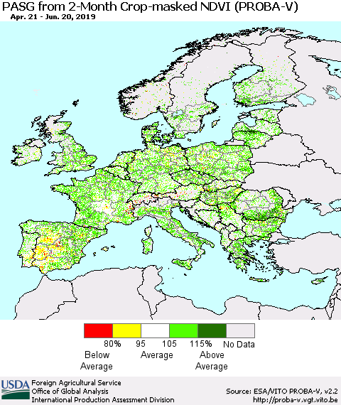 Europe PASG from 2-Month Crop-masked NDVI (PROBA-V) Thematic Map For 6/11/2019 - 6/20/2019