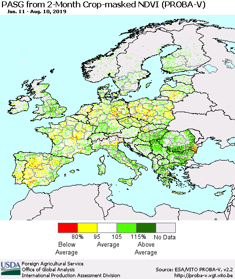 Europe PASG from 2-Month Crop-masked NDVI (PROBA-V) Thematic Map For 8/1/2019 - 8/10/2019