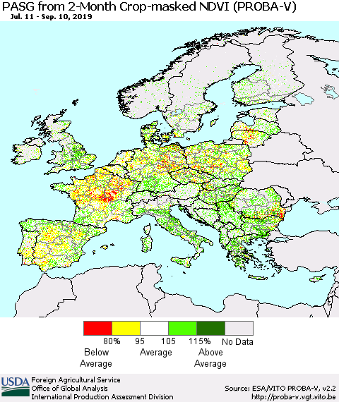 Europe PASG from 2-Month Crop-masked NDVI (PROBA-V) Thematic Map For 9/1/2019 - 9/10/2019