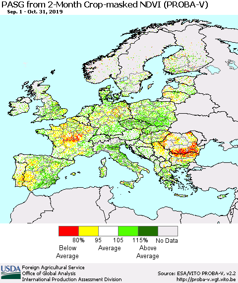 Europe PASG from 2-Month Crop-masked NDVI (PROBA-V) Thematic Map For 10/21/2019 - 10/31/2019