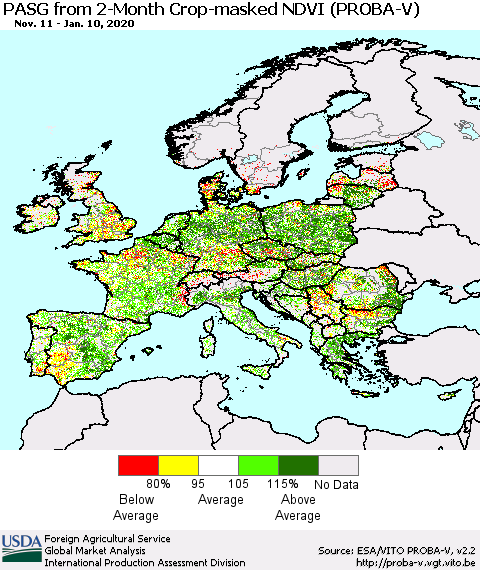 Europe PASG from 2-Month Crop-masked NDVI (PROBA-V) Thematic Map For 1/1/2020 - 1/10/2020