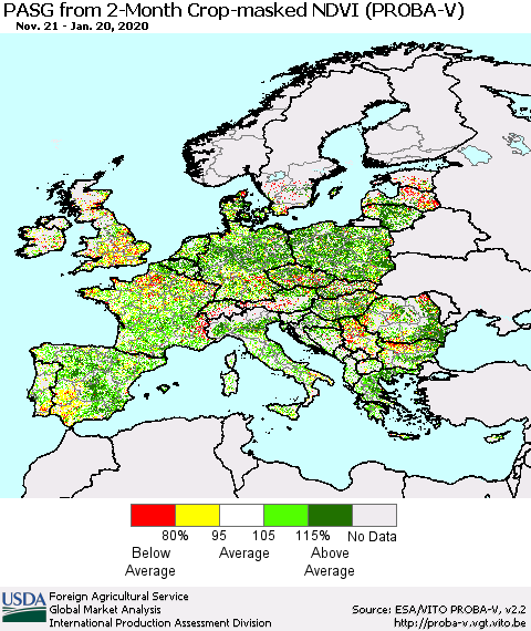 Europe PASG from 2-Month Crop-masked NDVI (PROBA-V) Thematic Map For 1/11/2020 - 1/20/2020