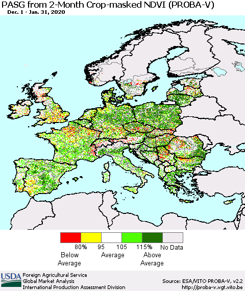 Europe PASG from 2-Month Crop-masked NDVI (PROBA-V) Thematic Map For 1/21/2020 - 1/31/2020