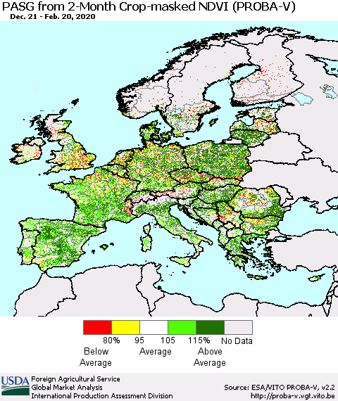 Europe PASG from 2-Month Crop-masked NDVI (PROBA-V) Thematic Map For 2/11/2020 - 2/20/2020