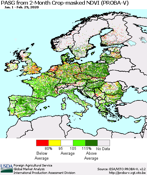 Europe PASG from 2-Month Crop-masked NDVI (PROBA-V) Thematic Map For 2/21/2020 - 2/29/2020