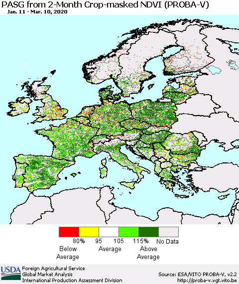 Europe PASG from 2-Month Crop-masked NDVI (PROBA-V) Thematic Map For 3/1/2020 - 3/10/2020