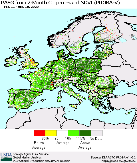 Europe PASG from 2-Month Crop-masked NDVI (PROBA-V) Thematic Map For 4/1/2020 - 4/10/2020