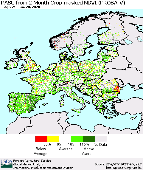 Europe PASG from 2-Month Crop-masked NDVI (PROBA-V) Thematic Map For 6/11/2020 - 6/20/2020