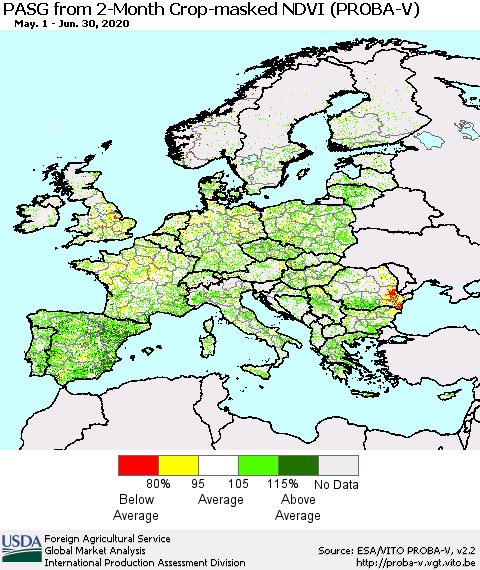 Europe PASG from 2-Month Crop-masked NDVI (PROBA-V) Thematic Map For 6/21/2020 - 6/30/2020
