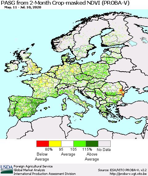 Europe PASG from 2-Month Crop-masked NDVI (PROBA-V) Thematic Map For 7/1/2020 - 7/10/2020