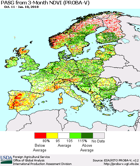 Europe PASG from 3-Month NDVI (PROBA-V) Thematic Map For 1/1/2018 - 1/10/2018
