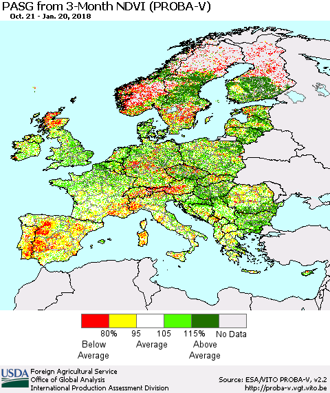 Europe PASG from 3-Month NDVI (PROBA-V) Thematic Map For 1/11/2018 - 1/20/2018