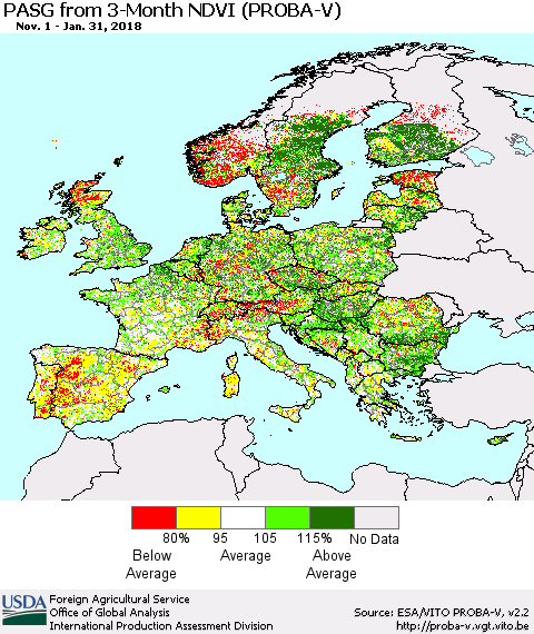 Europe PASG from 3-Month NDVI (PROBA-V) Thematic Map For 1/21/2018 - 1/31/2018