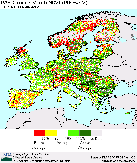 Europe PASG from 3-Month NDVI (PROBA-V) Thematic Map For 2/11/2018 - 2/20/2018