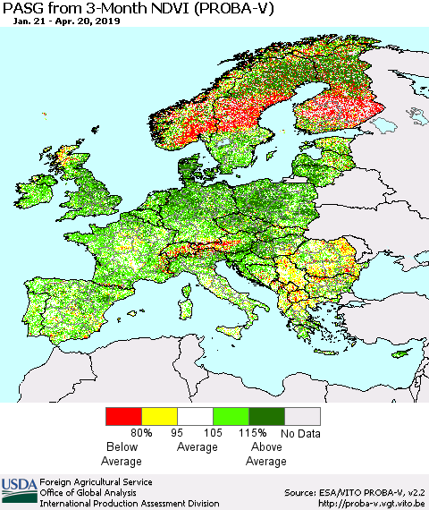 Europe PASG from 3-Month NDVI (PROBA-V) Thematic Map For 4/11/2019 - 4/20/2019